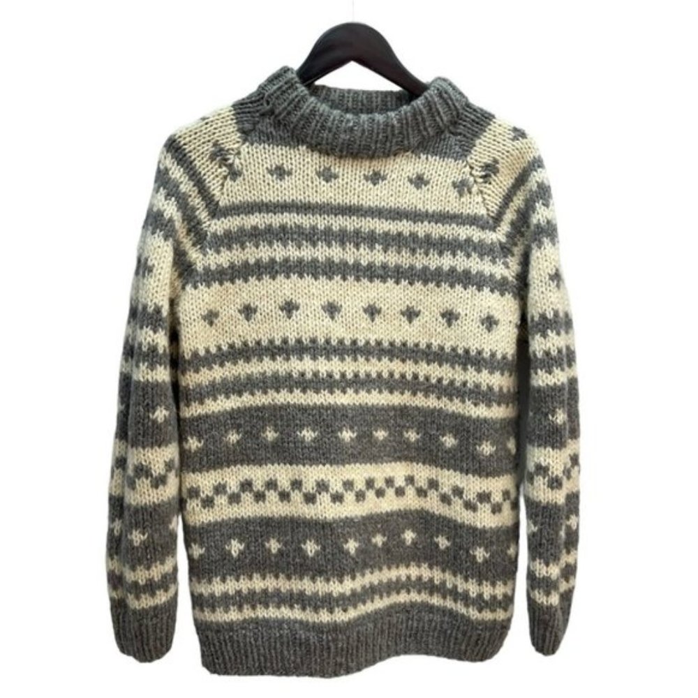 Handmade Hand Knit Wool Chunky Knit Grey/Beige Sweater Size M